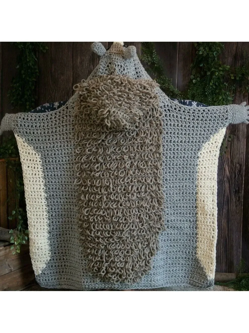 HAND MADE Kids Crochet Animal Squirrel Hooded Blanket Grey Black White Tan